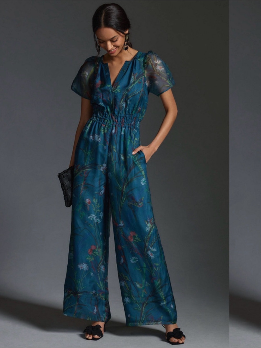Anthropologie Teal Floral Short-Sleeve Smocked Jumpsuit - Picture 7 of 7